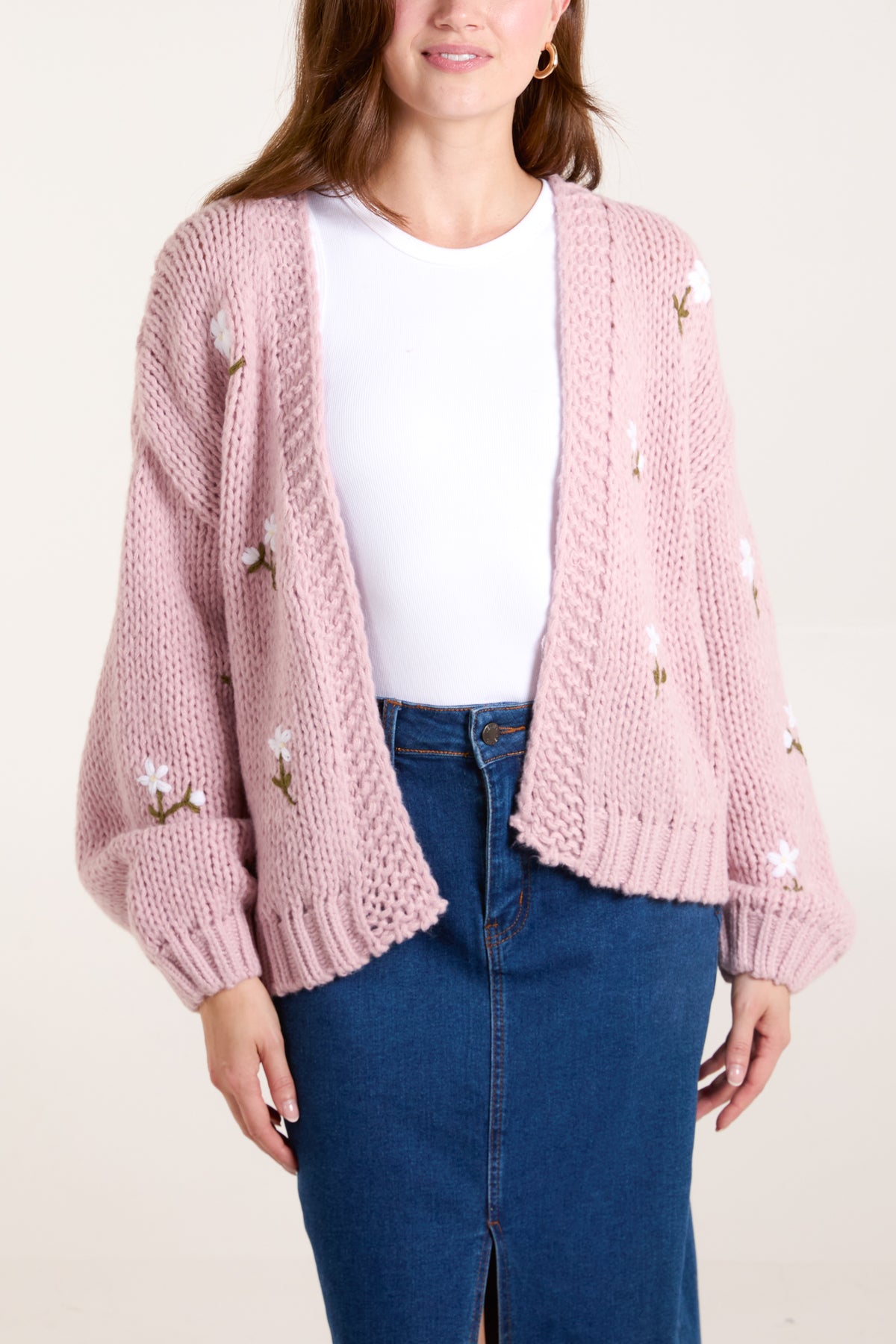 Chunky Knit Flower Embroidered Cardigan