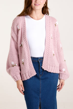 Chunky Knit Flower Embroidered Cardigan