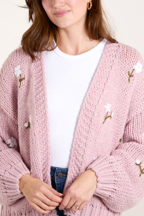 Flower Embroidered Chunky Knit Cardigan