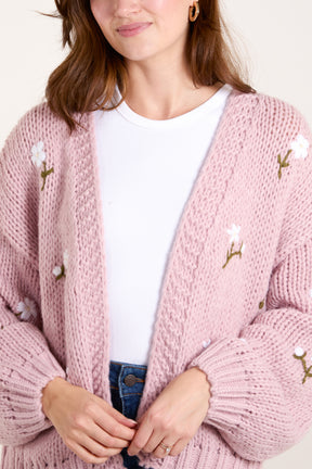 Chunky Knit Flower Embroidered Cardigan