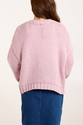 Chunky Knit Flower Embroidered Cardigan
