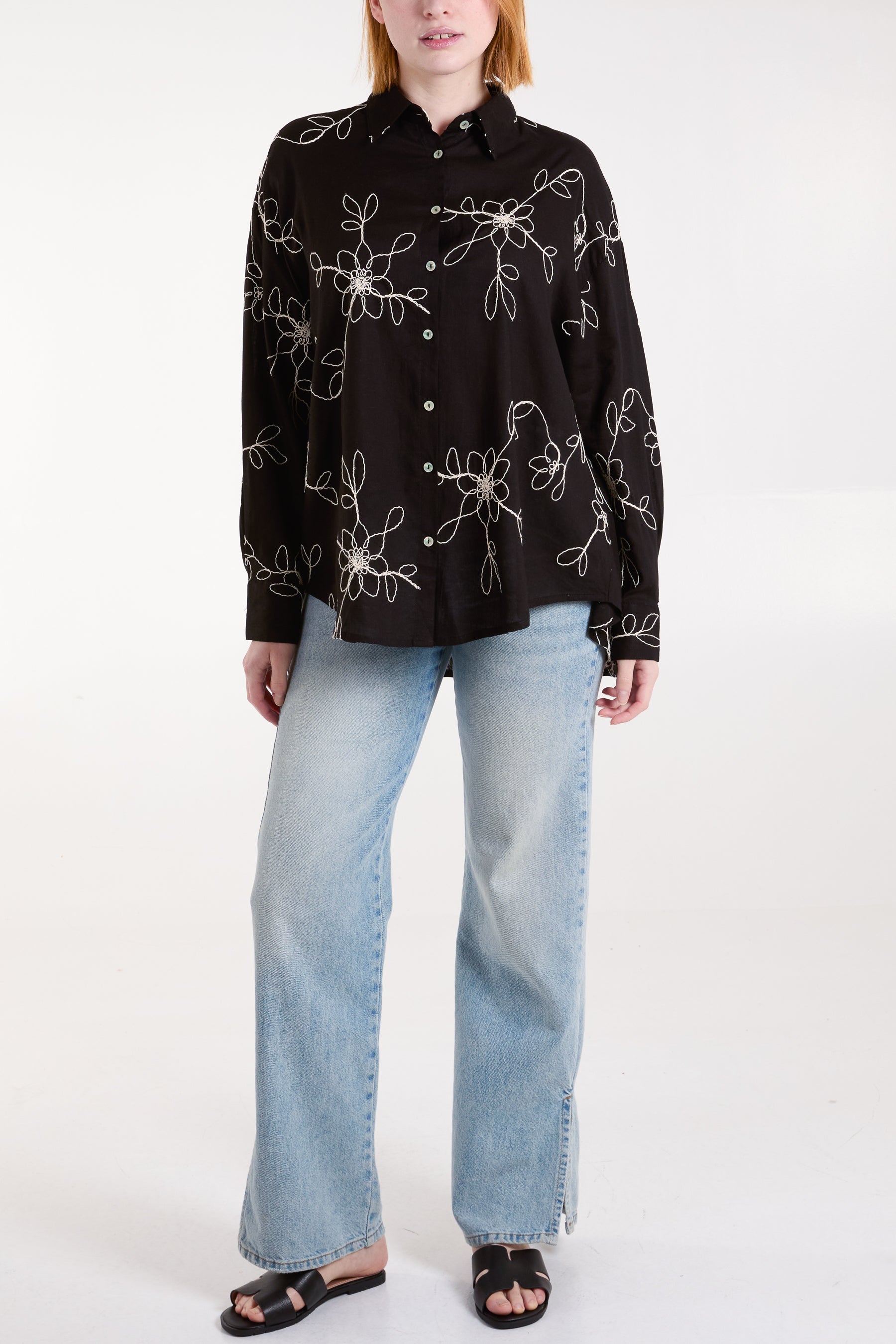 Flower Embroidered Linen Shirt