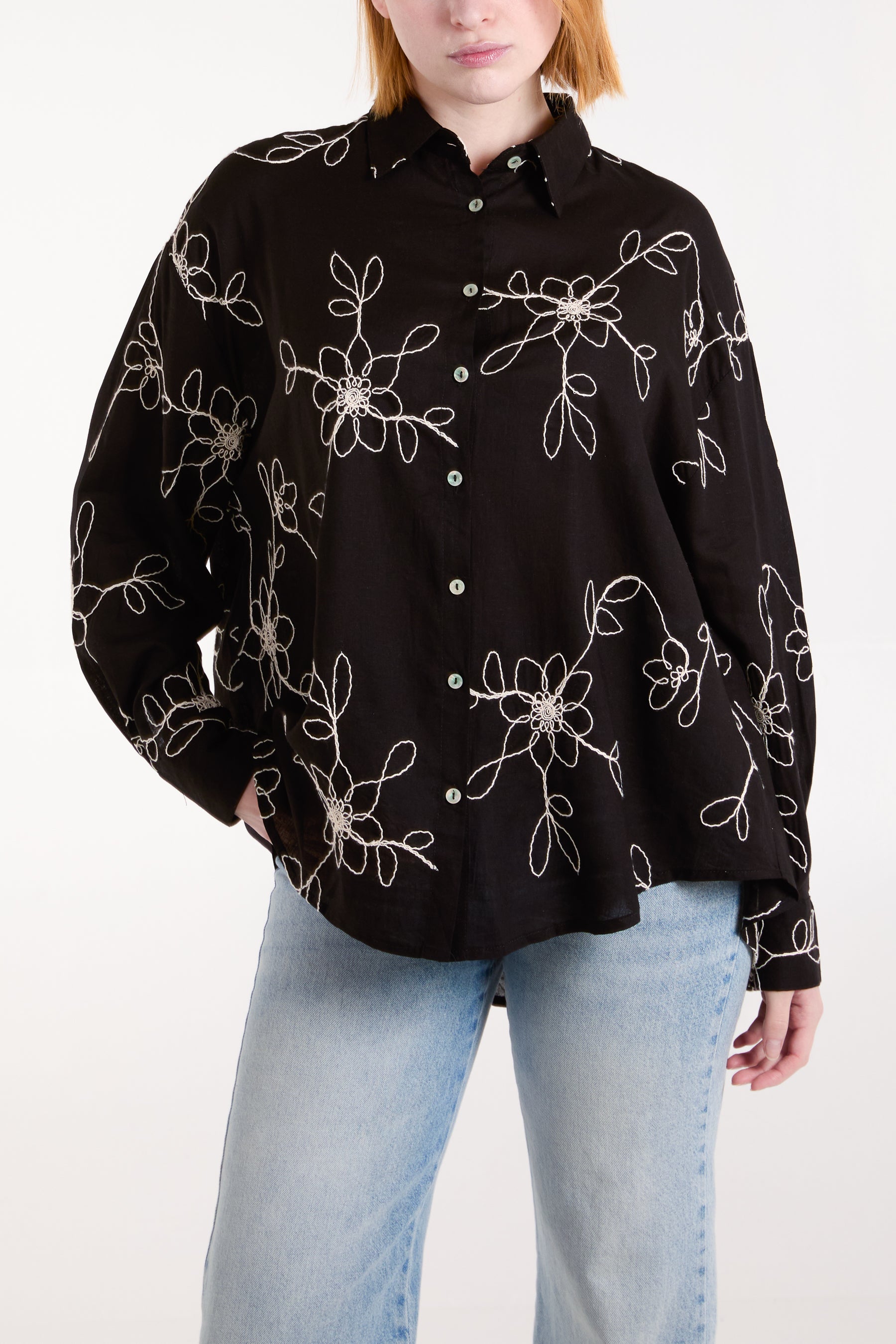 Flower Embroidered Linen Shirt