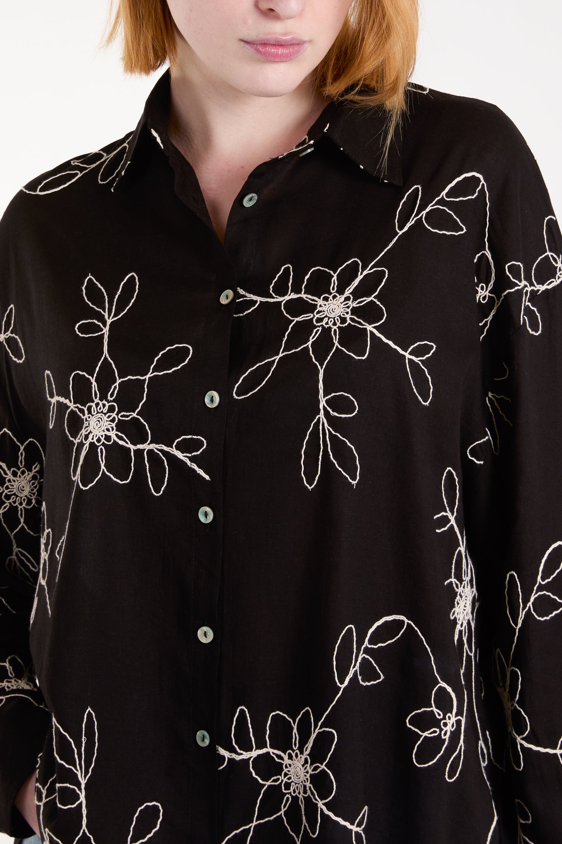 Flower Embroidered Linen Shirt