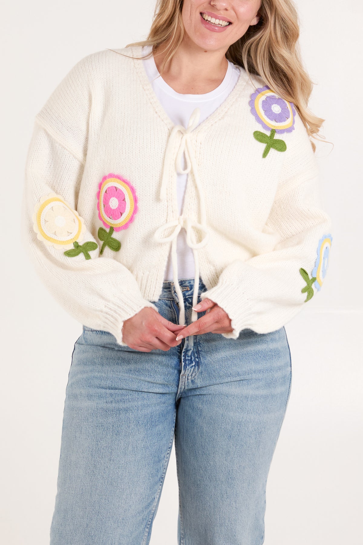 Embroidered Flower Double Tie Cardigan