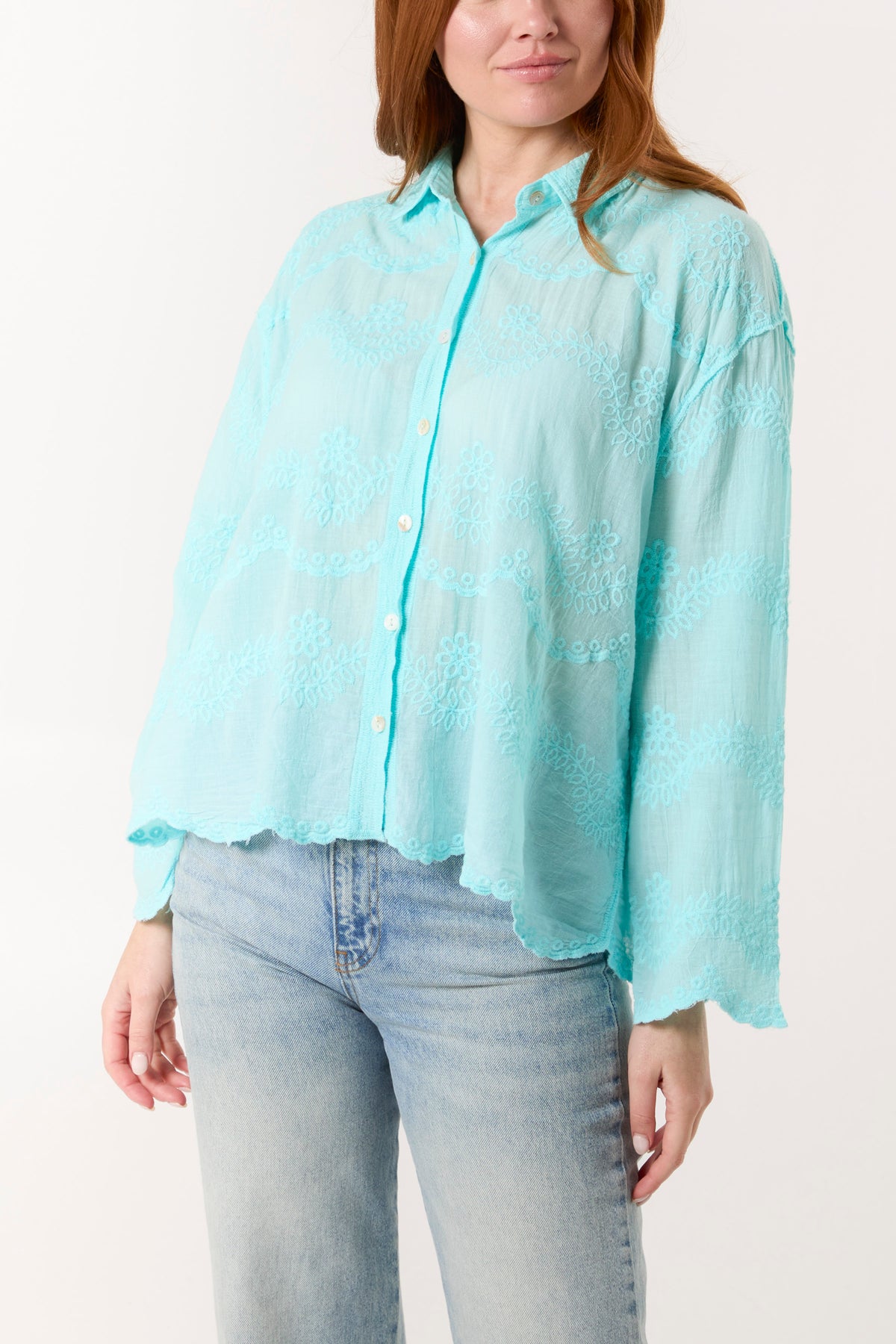 Floral Embroidered Scallop Edge Blouse