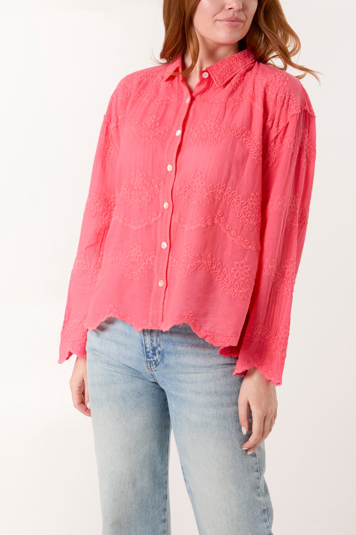 Floral Embroidered Scallop Edge Blouse