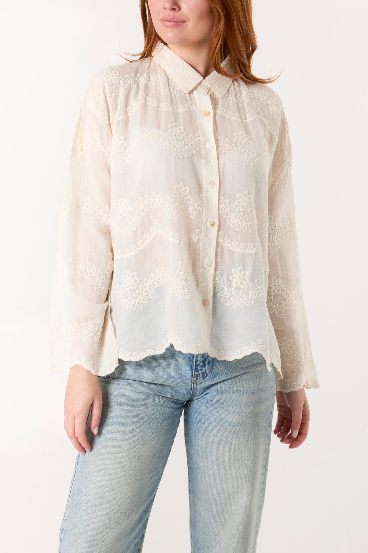 Floral Embroidered Scallop Edge Blouse