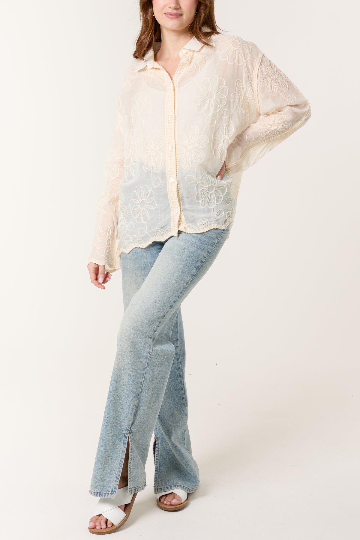 Floral Embroidered Scallop Edge Shirt