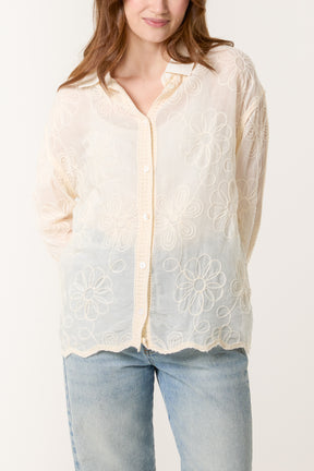 Floral Embroidered Scallop Edge Shirt