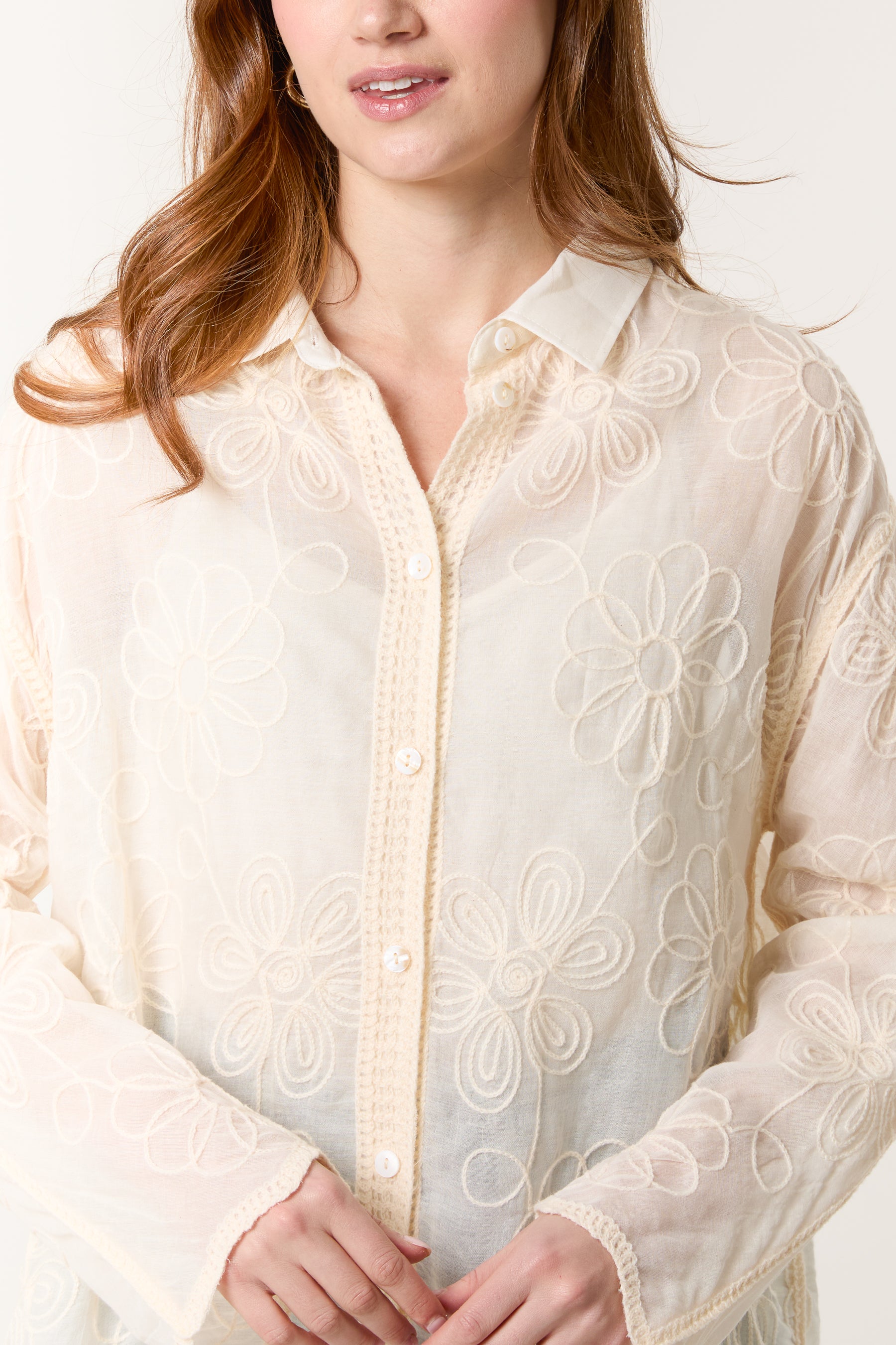 Floral Embroidered Scallop Edge Shirt