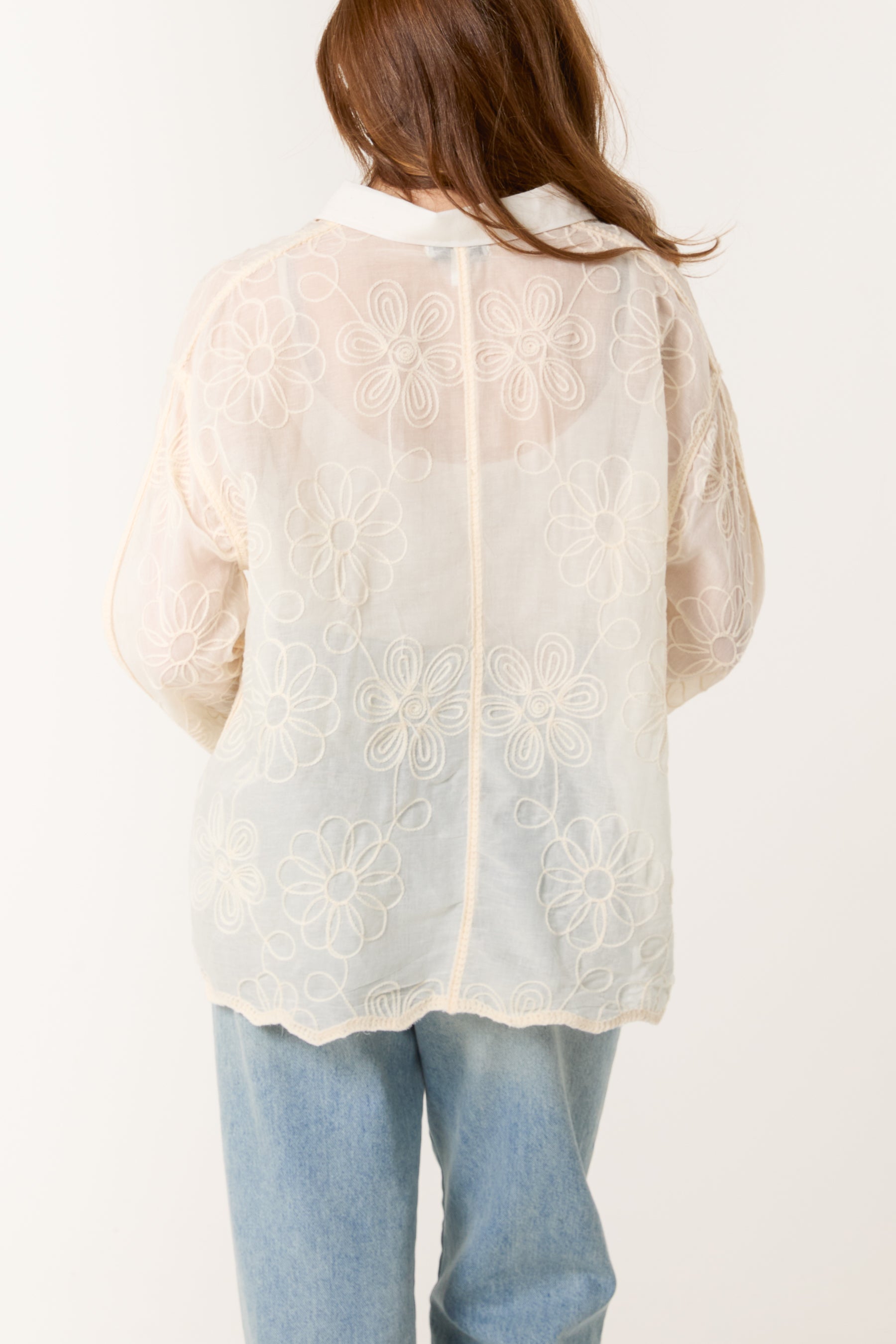 Floral Embroidered Scallop Edge Shirt