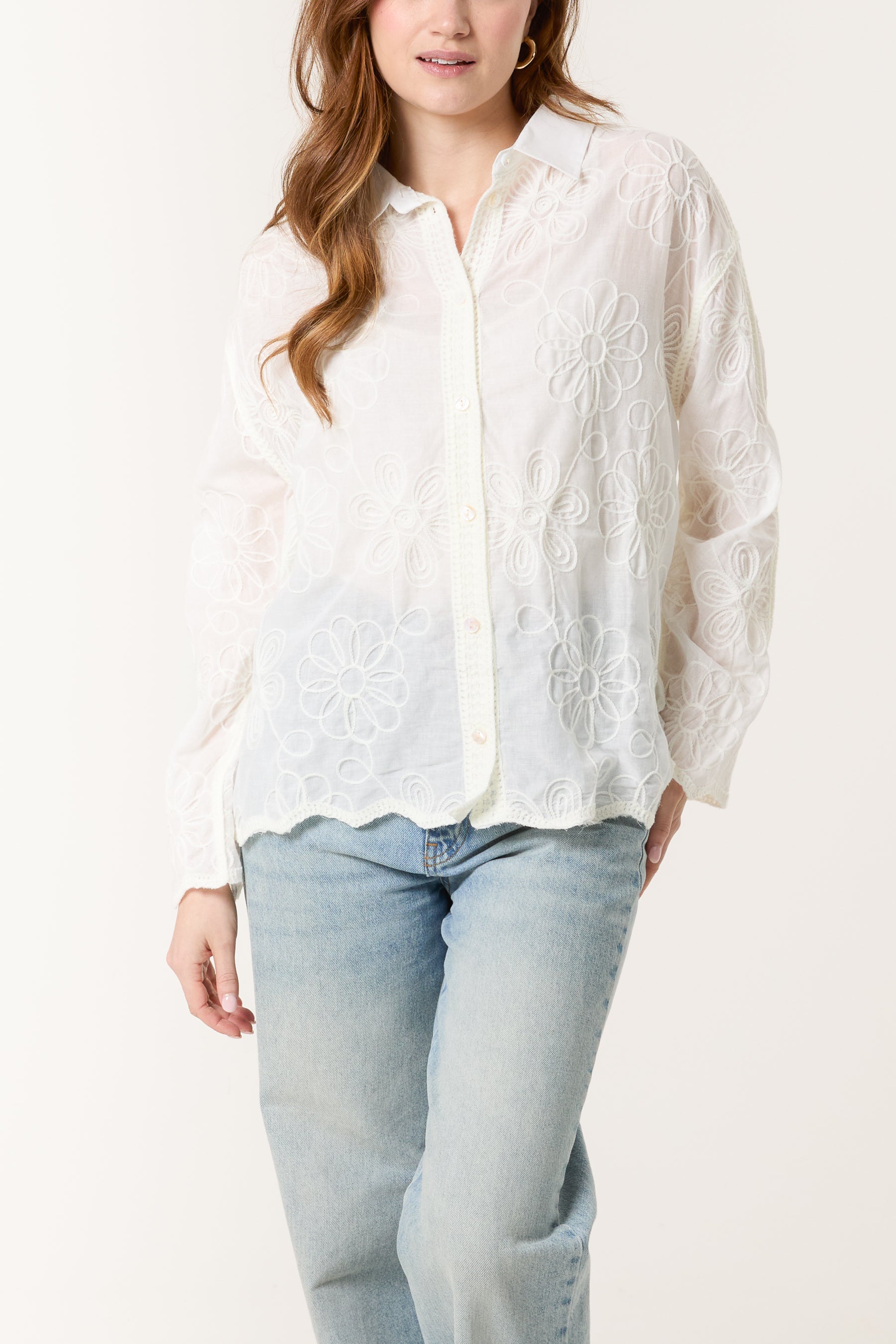 Floral Embroidered Scallop Edge Shirt