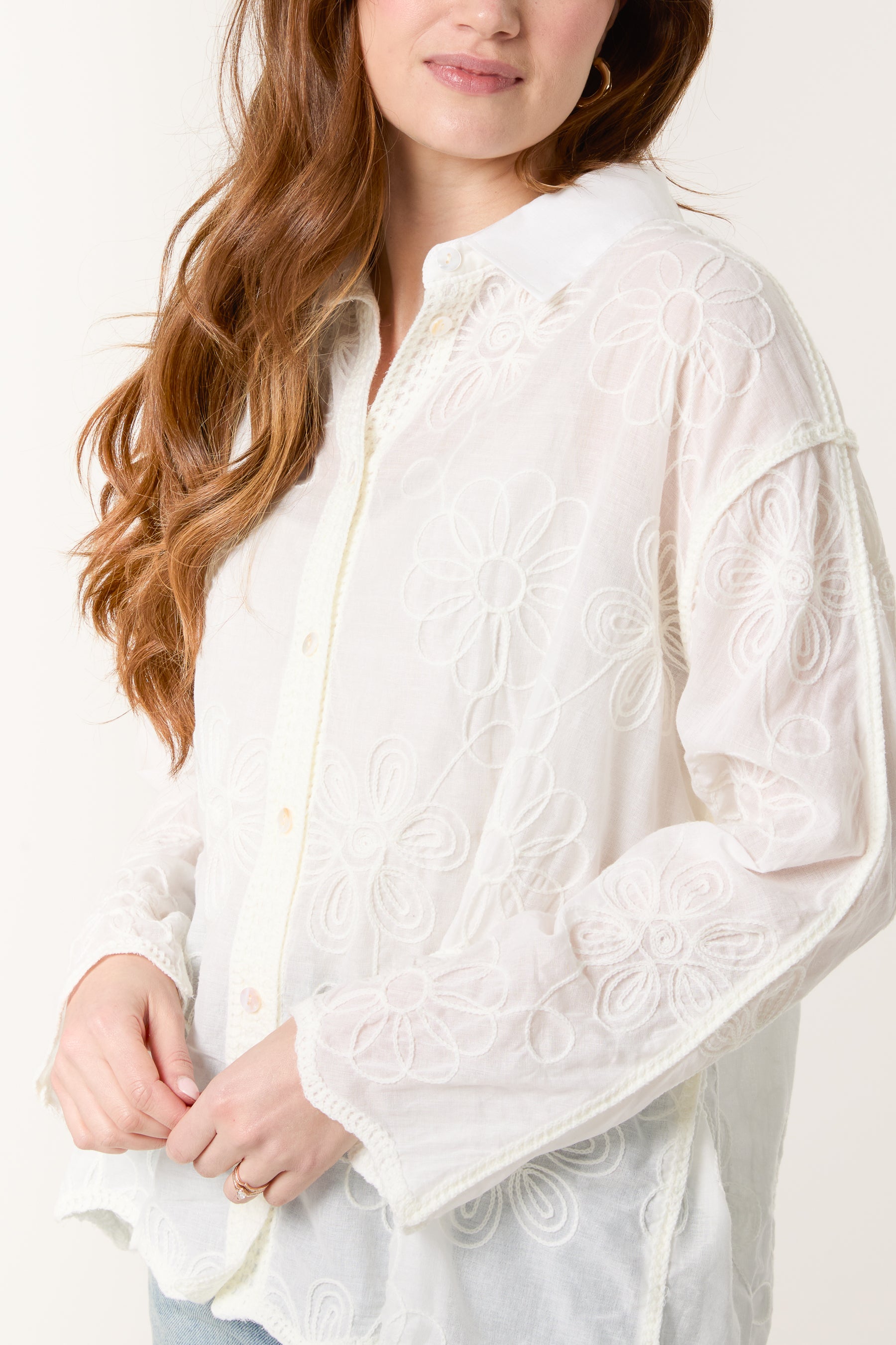 Floral Embroidered Scallop Edge Shirt