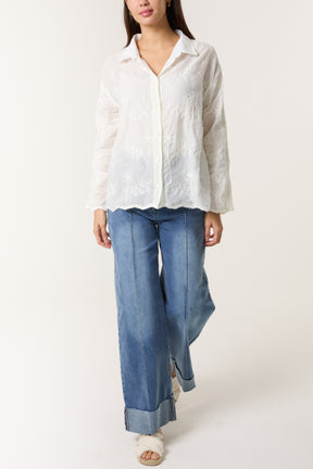 Daisy Embroidered Scallop Edge Shirt