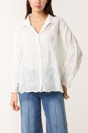 Daisy Embroidered Scallop Edge Shirt