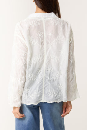 Daisy Embroidered Scallop Edge Shirt