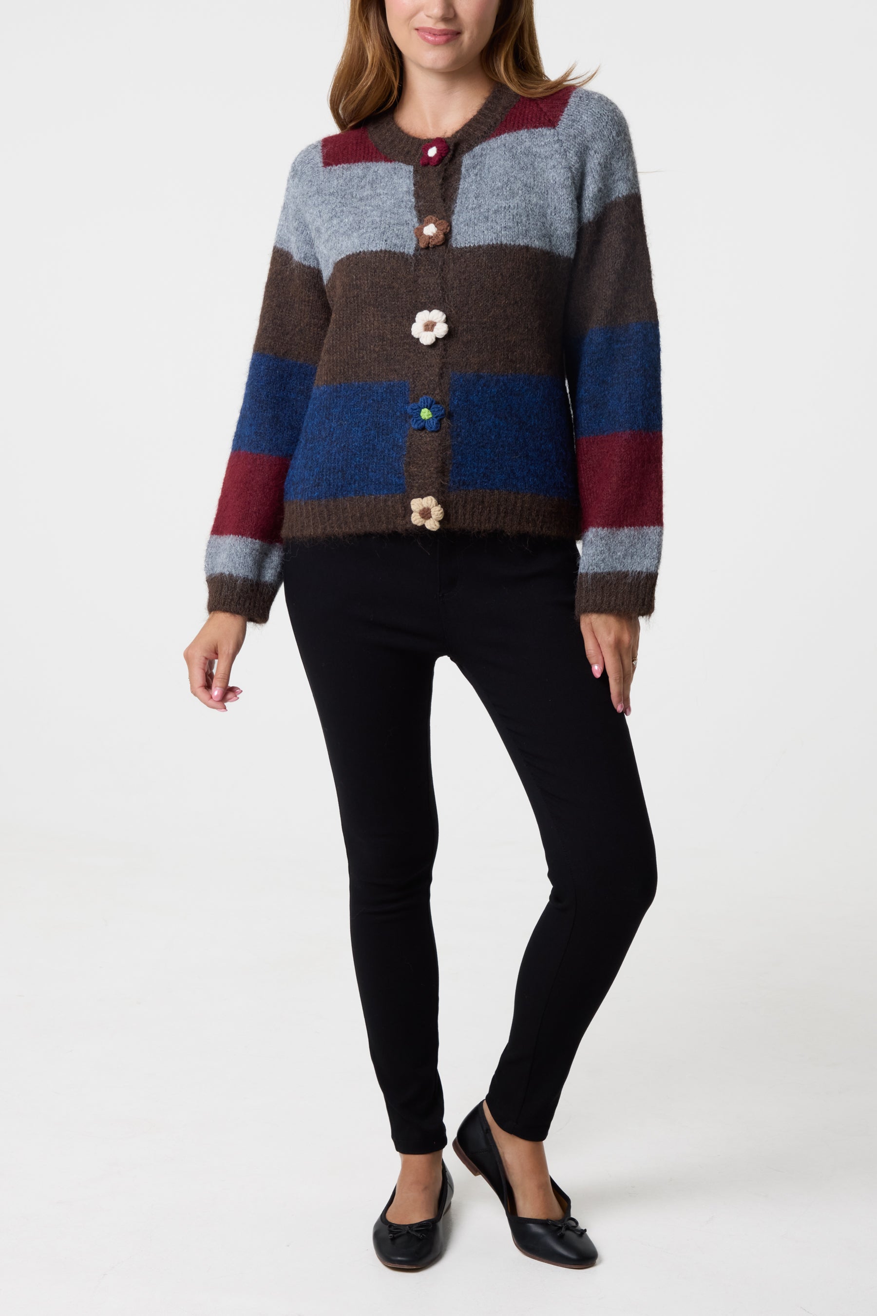 Striped Knit Flower Button Cardigan