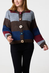 Striped Knit Flower Button Cardigan