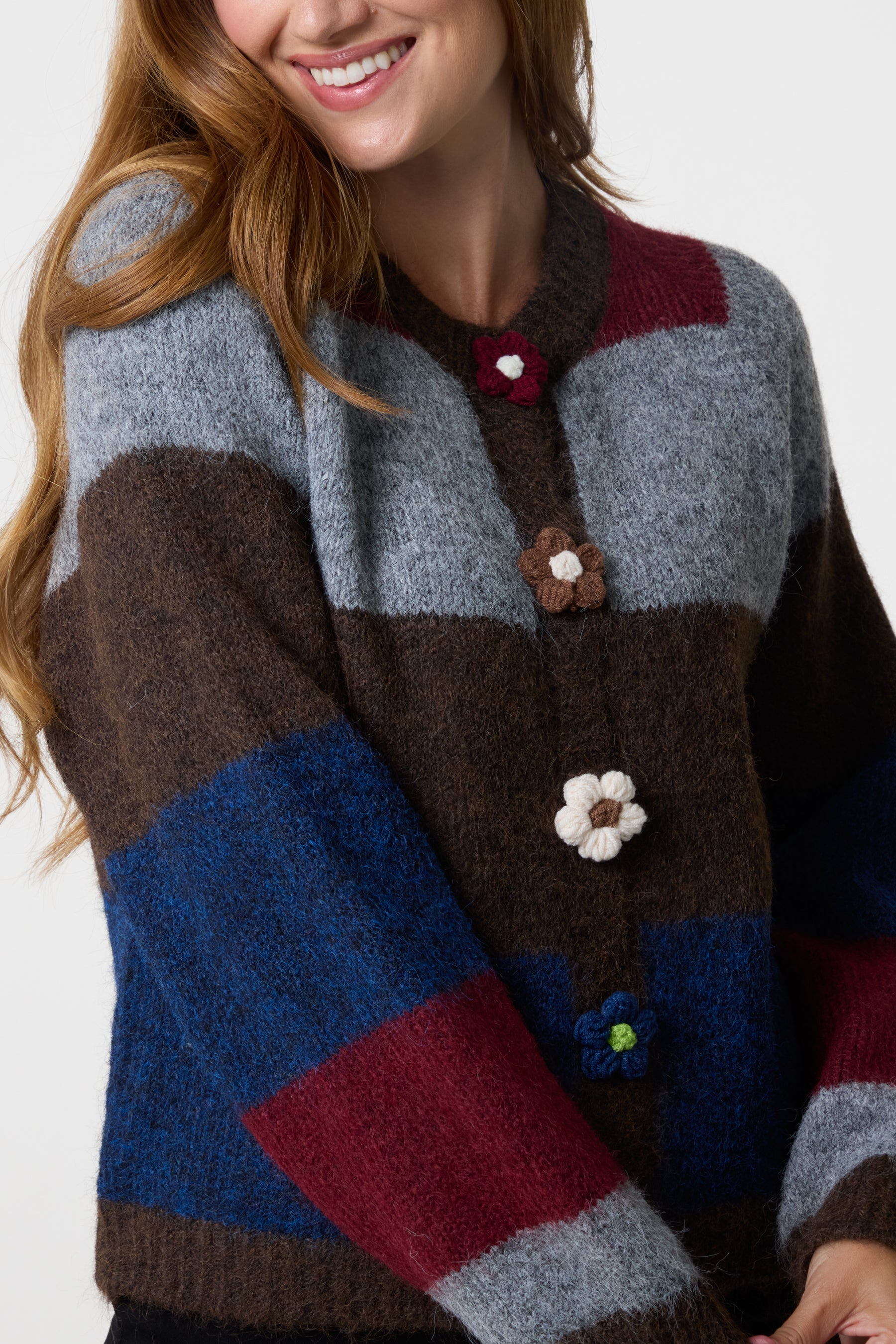 Striped Knit Flower Button Cardigan