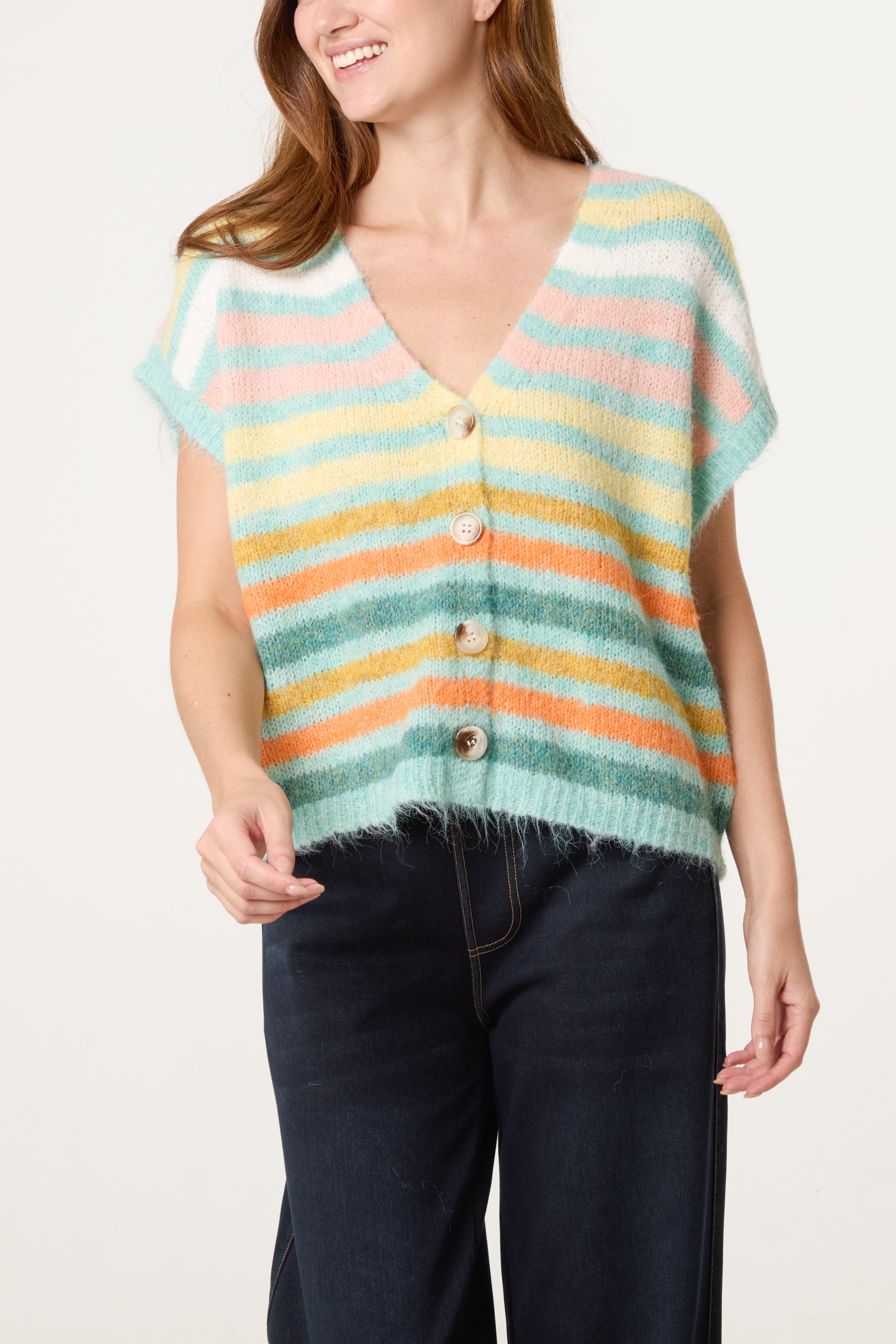 Striped Colourful Knit Vest Cardigan