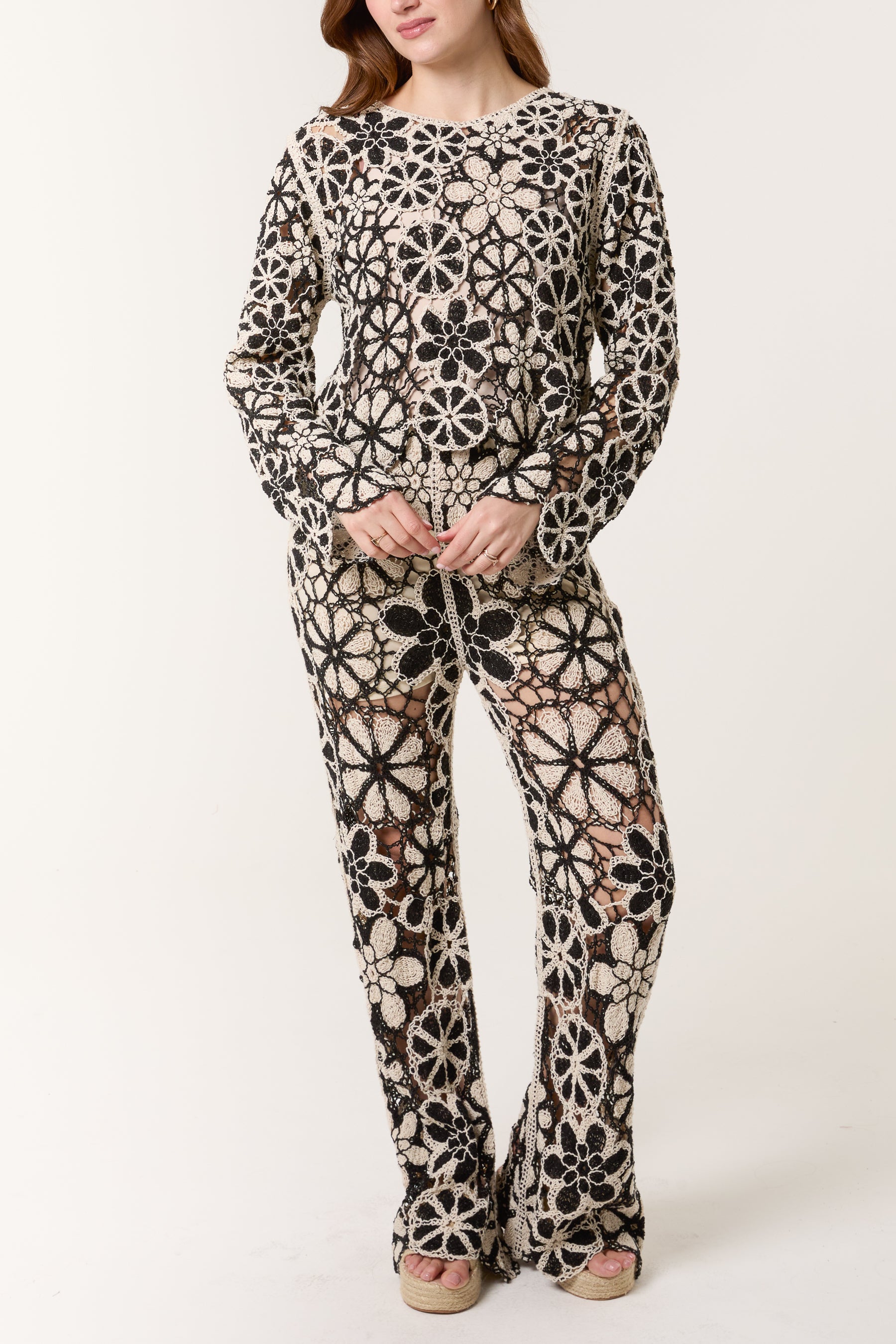 Crochet Flower Monochrome Long Sleeve Top
