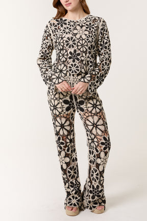 Crochet Flower Monochrome Long Sleeve Top