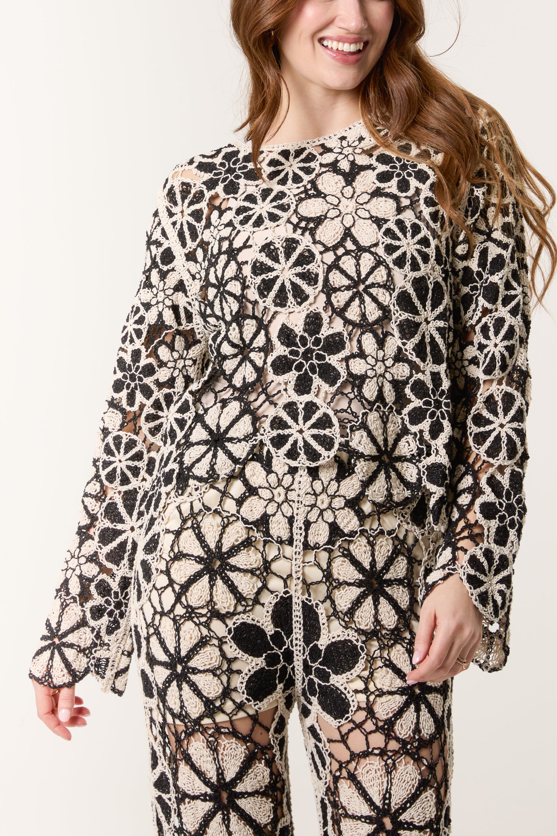 Crochet Flower Monochrome Long Sleeve Top