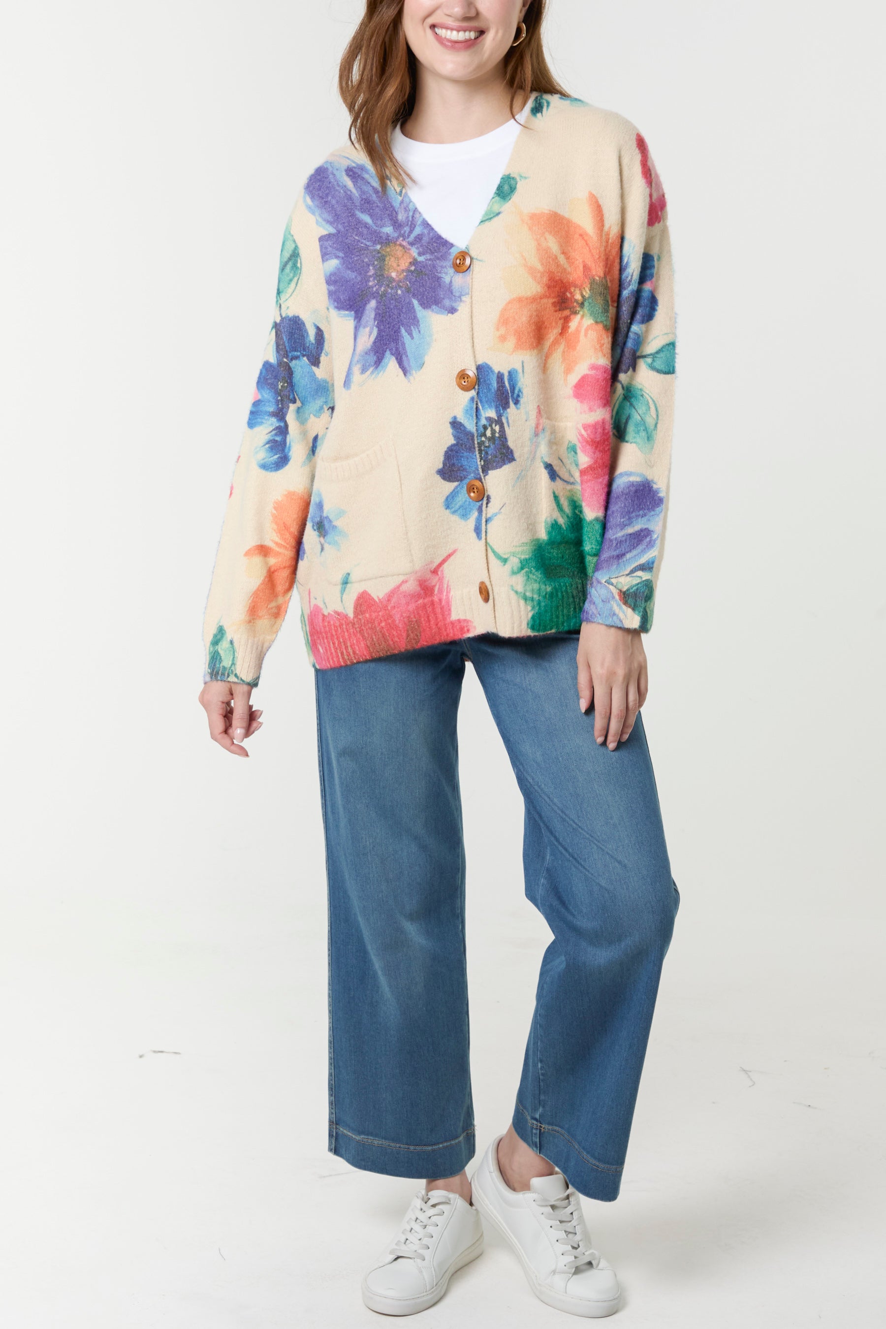 Pastel Floral Print Knit Cardigan