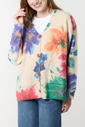 Pastel Floral Print Knit Cardigan