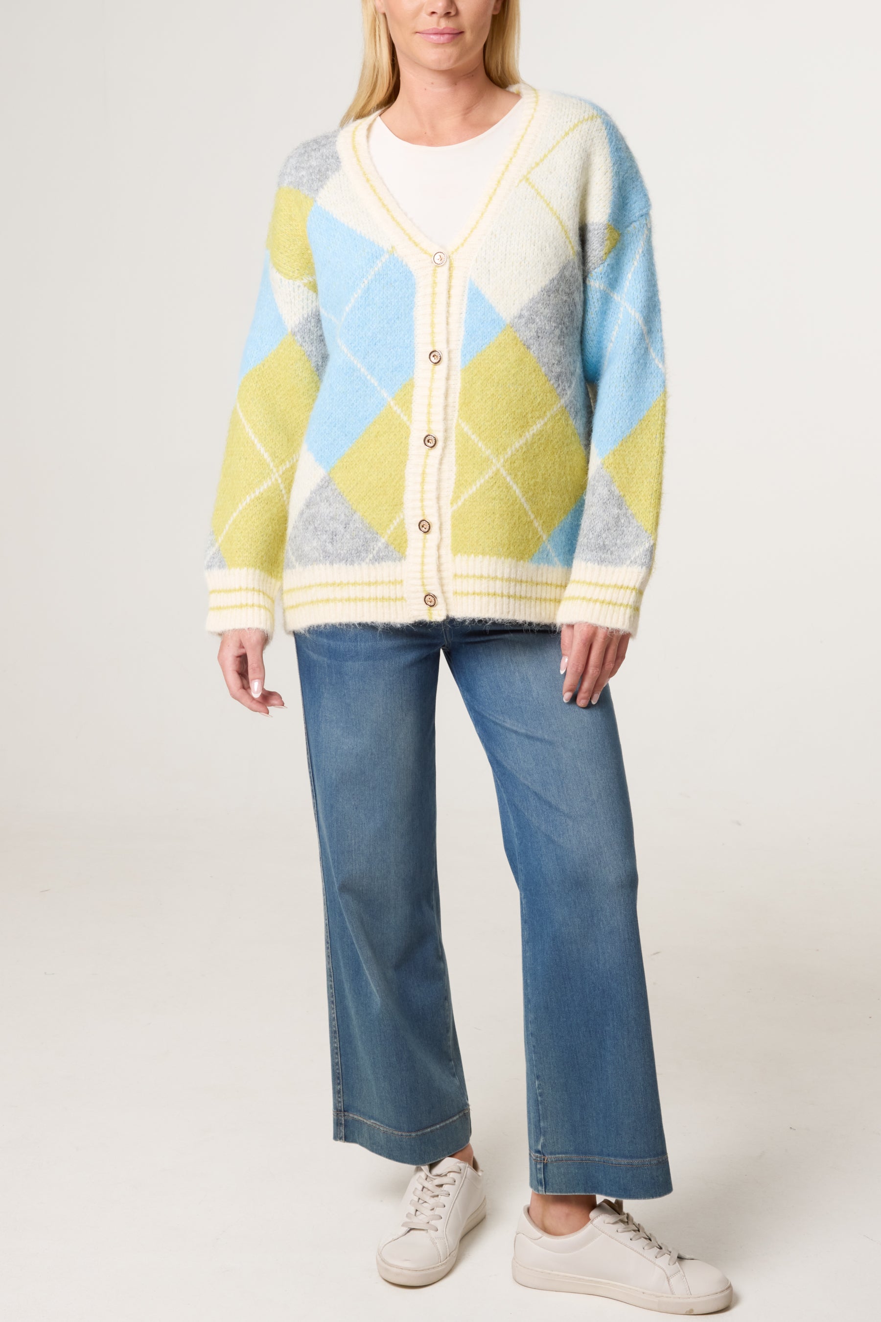 Colour Block Argyle Knit Cardigan