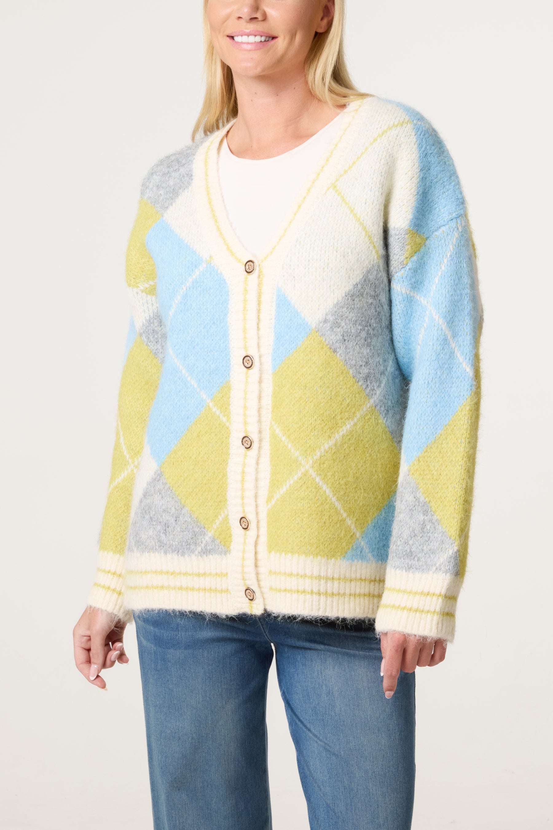Colour Block Argyle Knit Cardigan