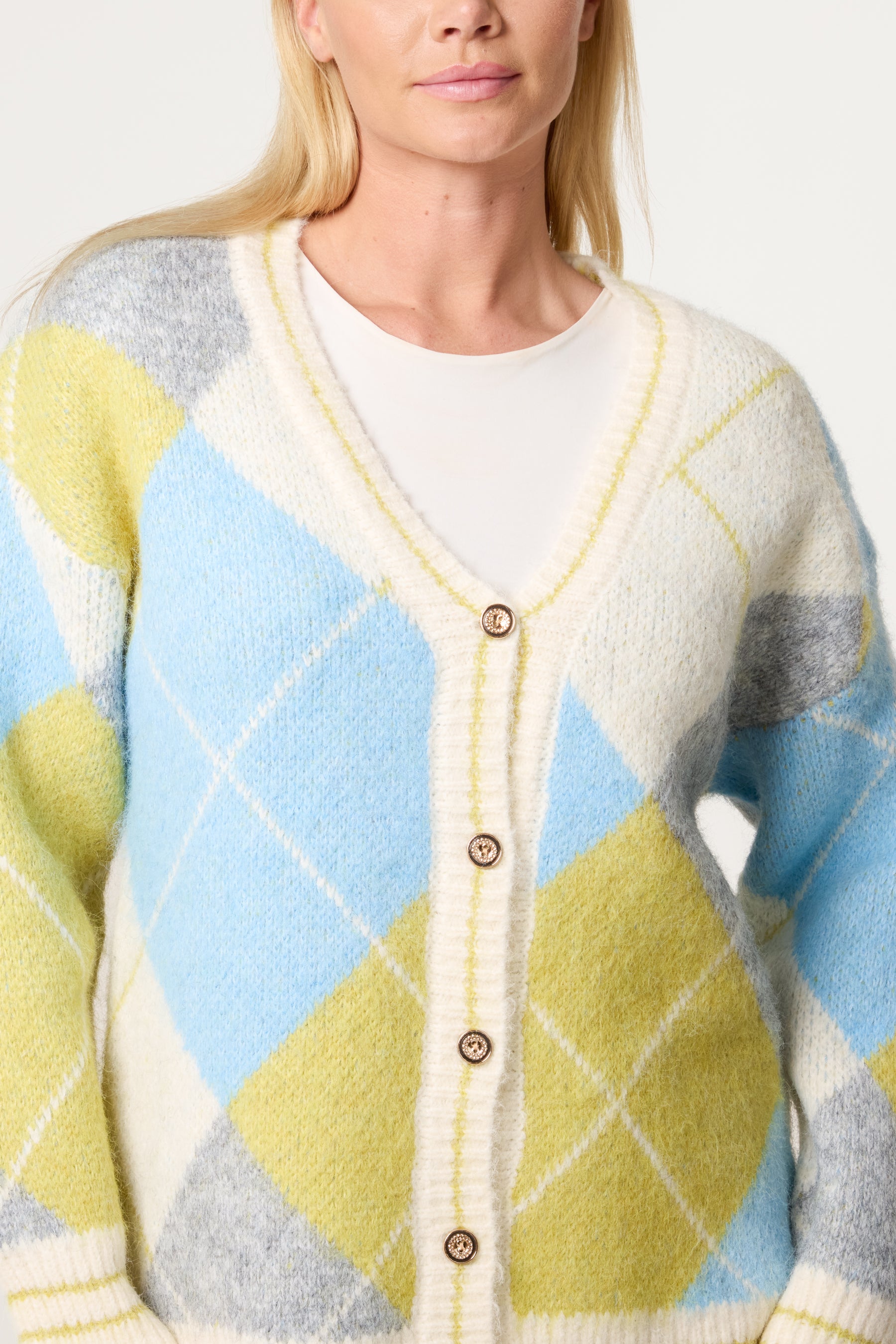 Colour Block Argyle Knit Cardigan