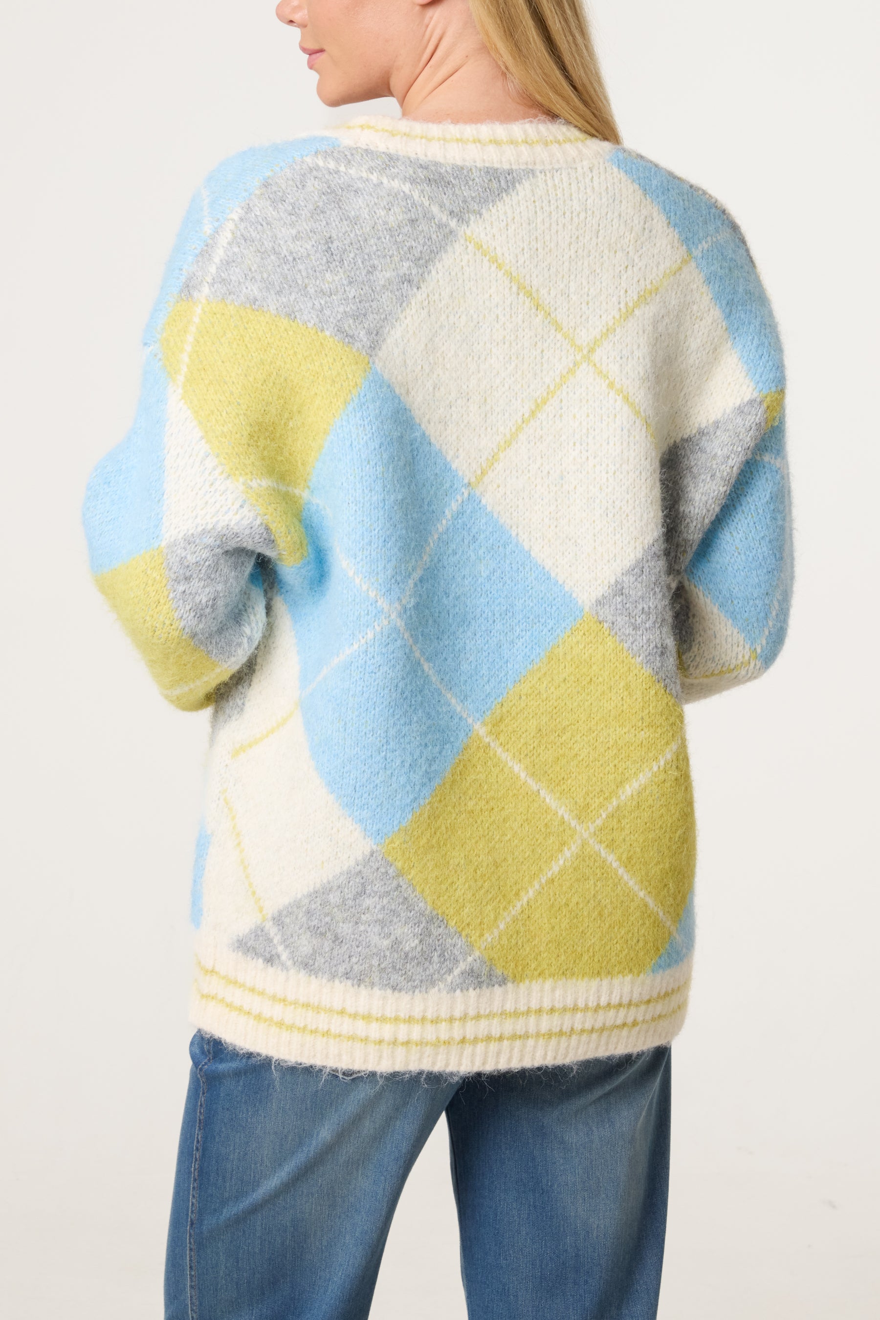 Colour Block Argyle Knit Cardigan