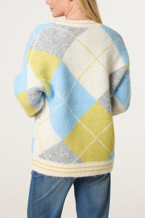 Colour Block Argyle Knit Cardigan
