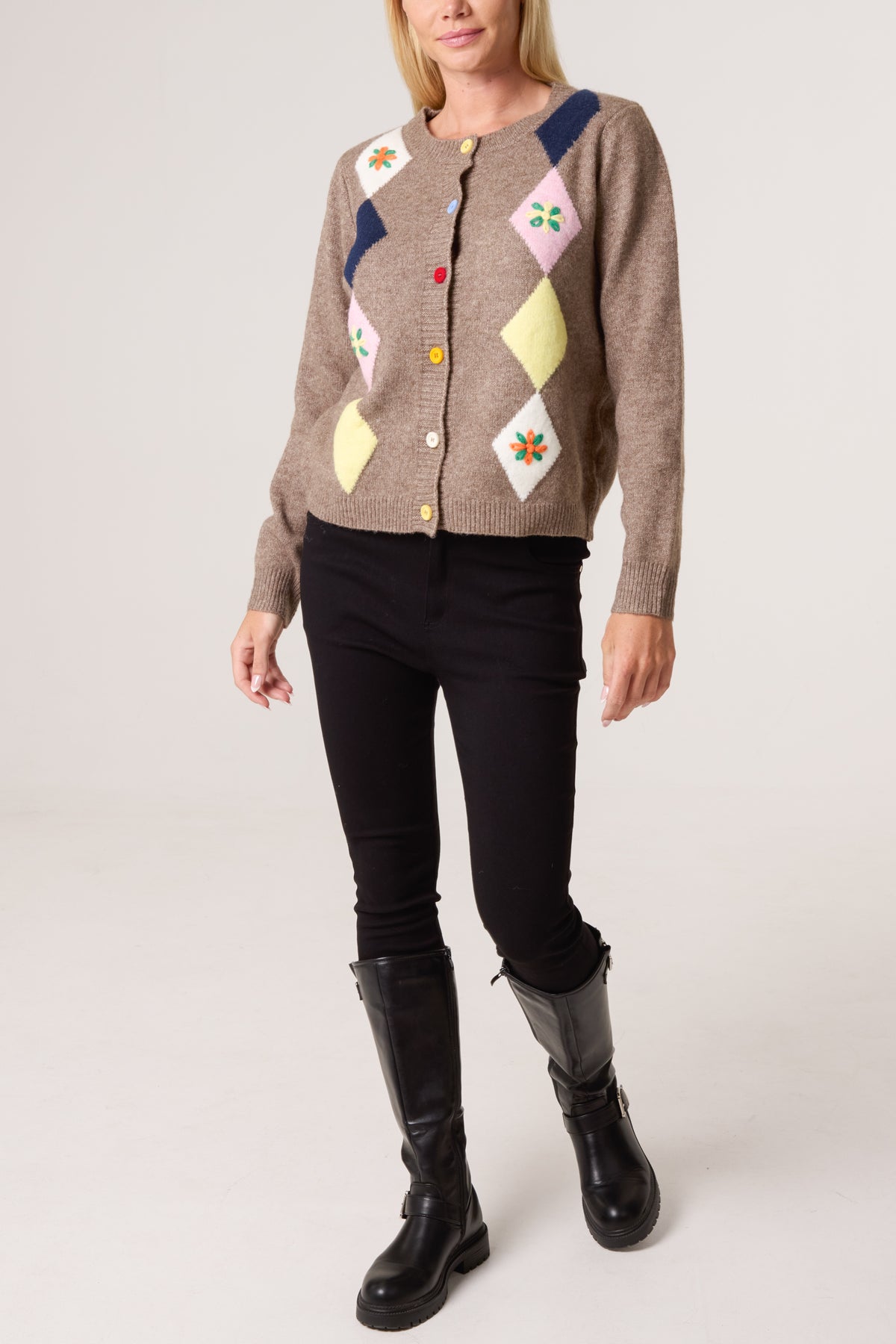 Colourful Embroidered Argyle Cardigan