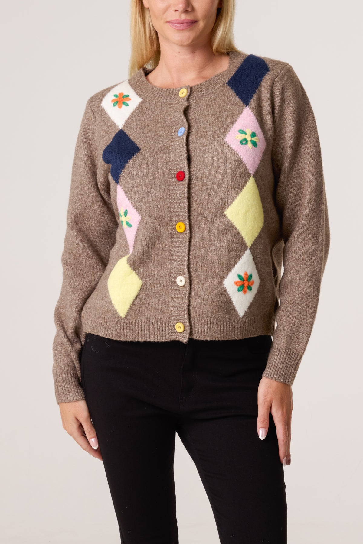Colourful Embroidered Argyle Cardigan