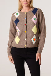 Colourful Embroidered Argyle Cardigan