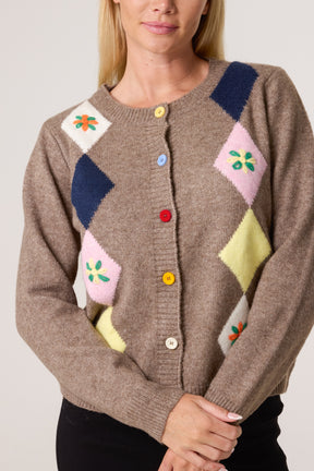Colourful Embroidered Argyle Cardigan