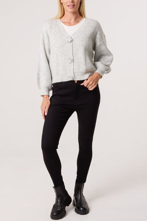 Silver Sparkle Flower Button Cardigan