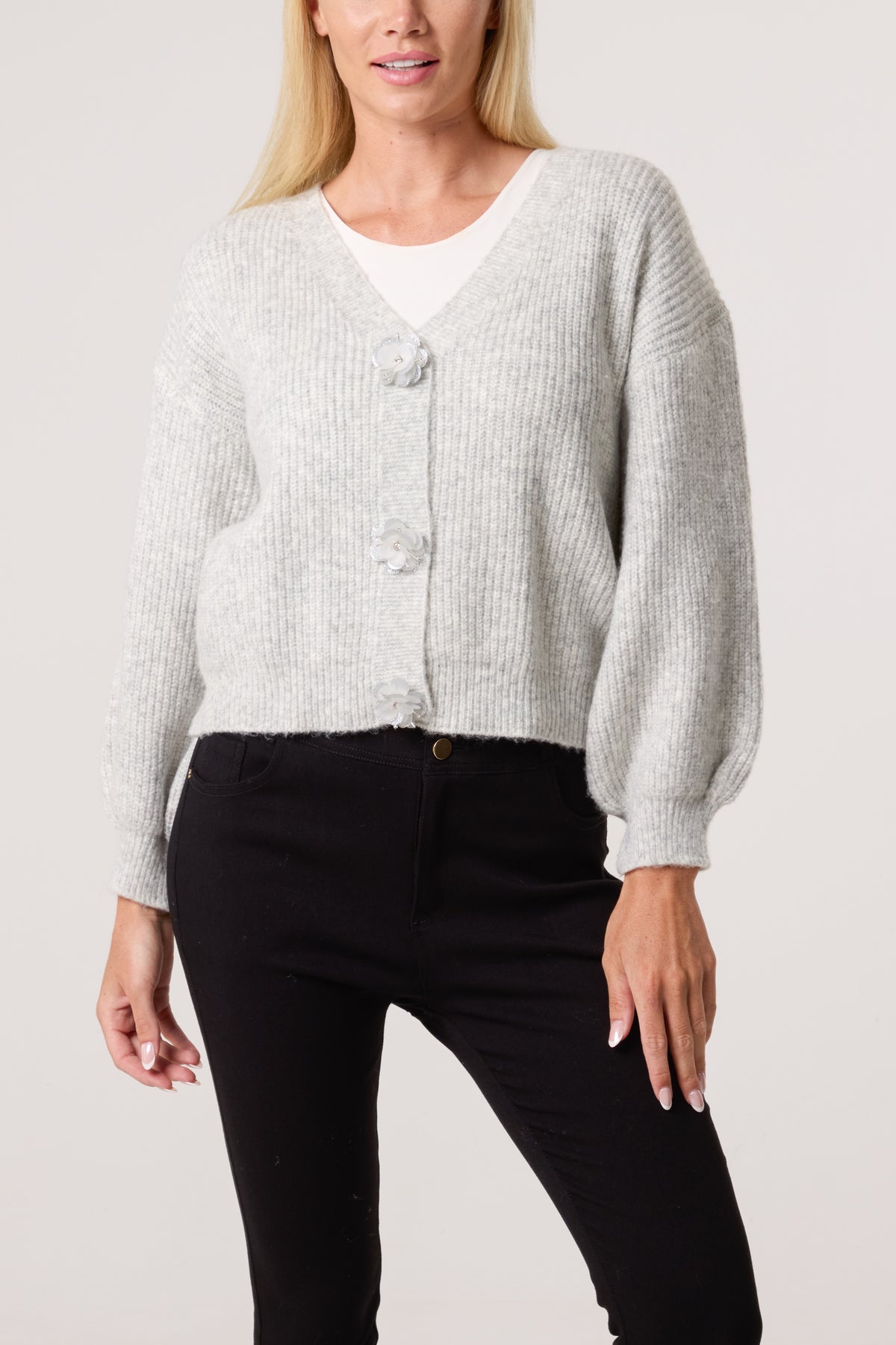 Silver Sparkle Flower Button Cardigan