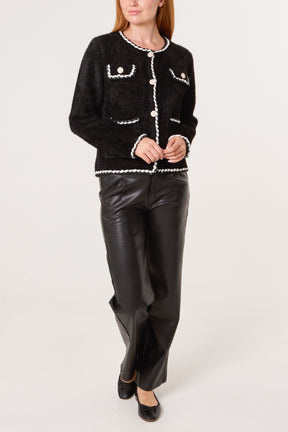 Fluffy Knit Contrast Rope Trim Cardigan