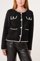 Fluffy Knit Contrast Rope Trim Cardigan