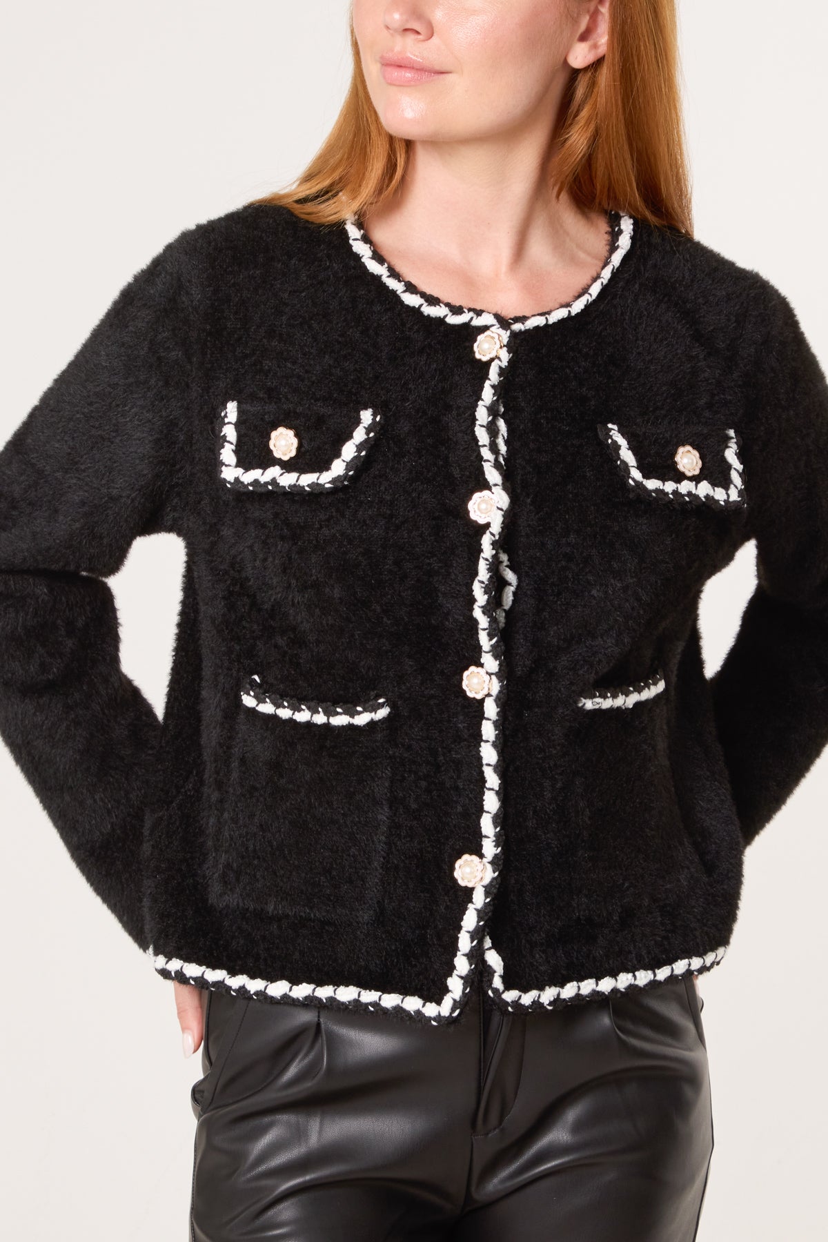 Fluffy Knit Contrast Rope Trim Cardigan
