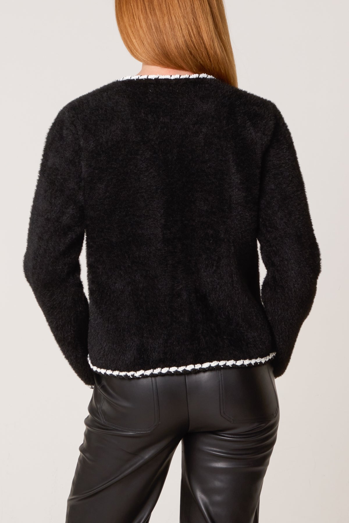 Fluffy Knit Contrast Rope Trim Cardigan