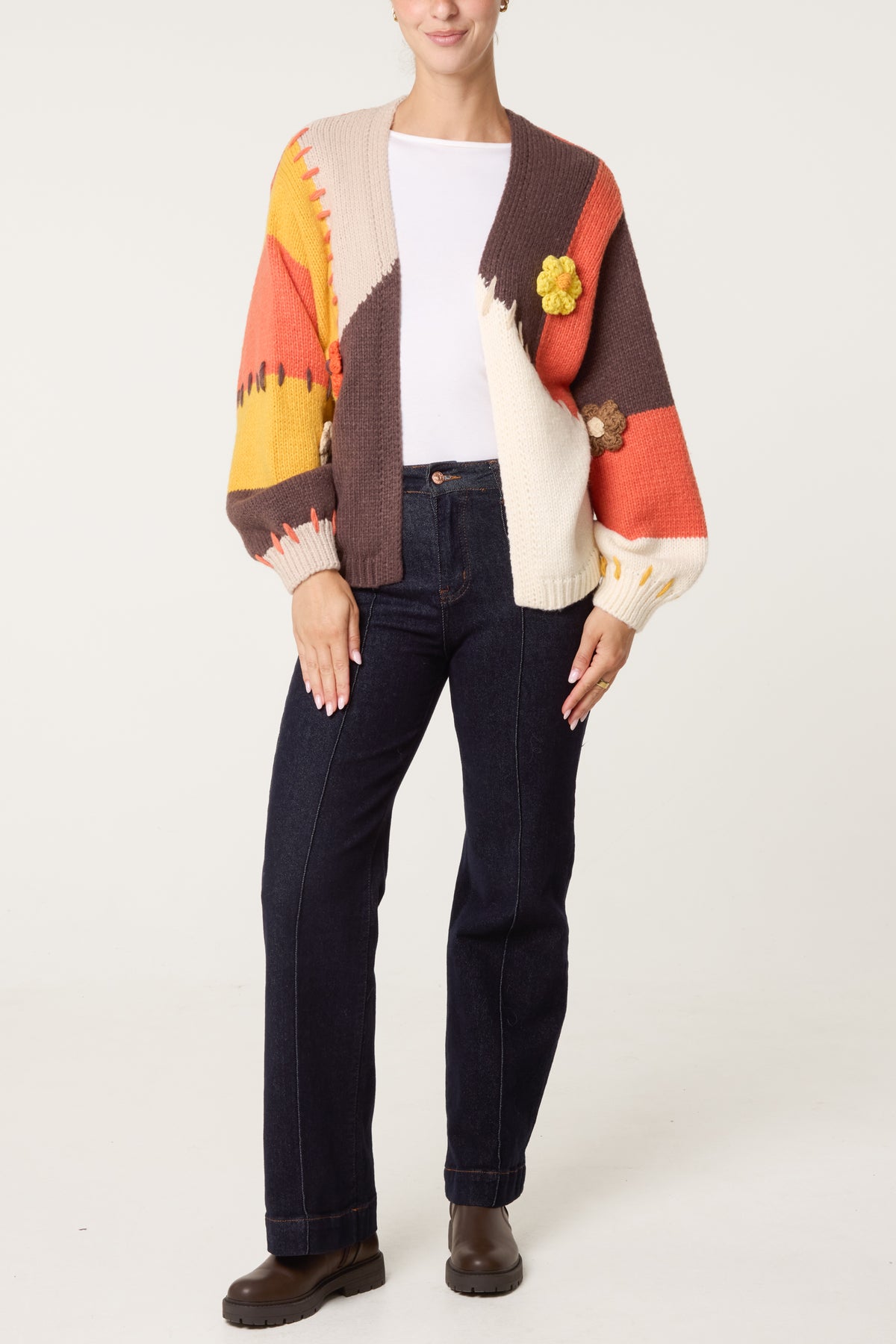Stitch Colour Block 3D Flower Cardigan