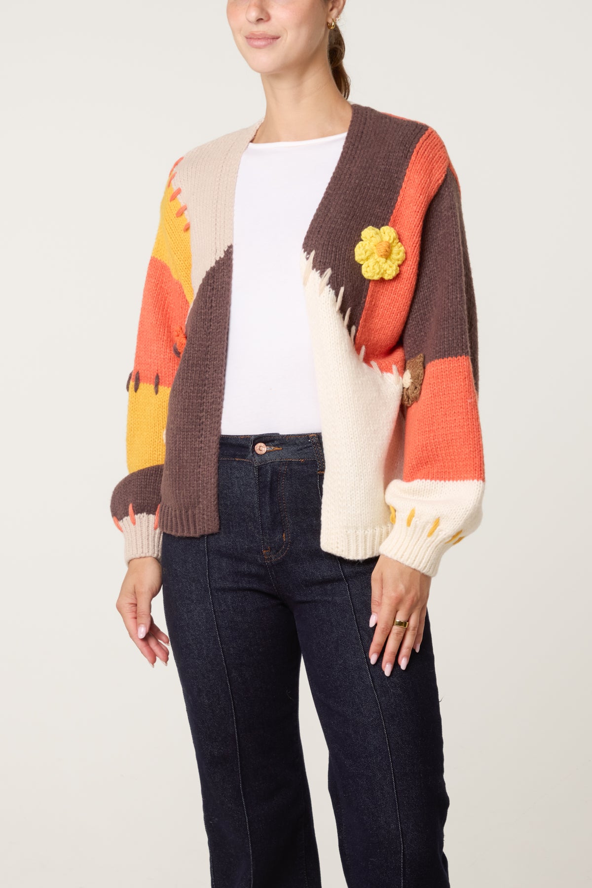 Stitch Colour Block 3D Flower Cardigan