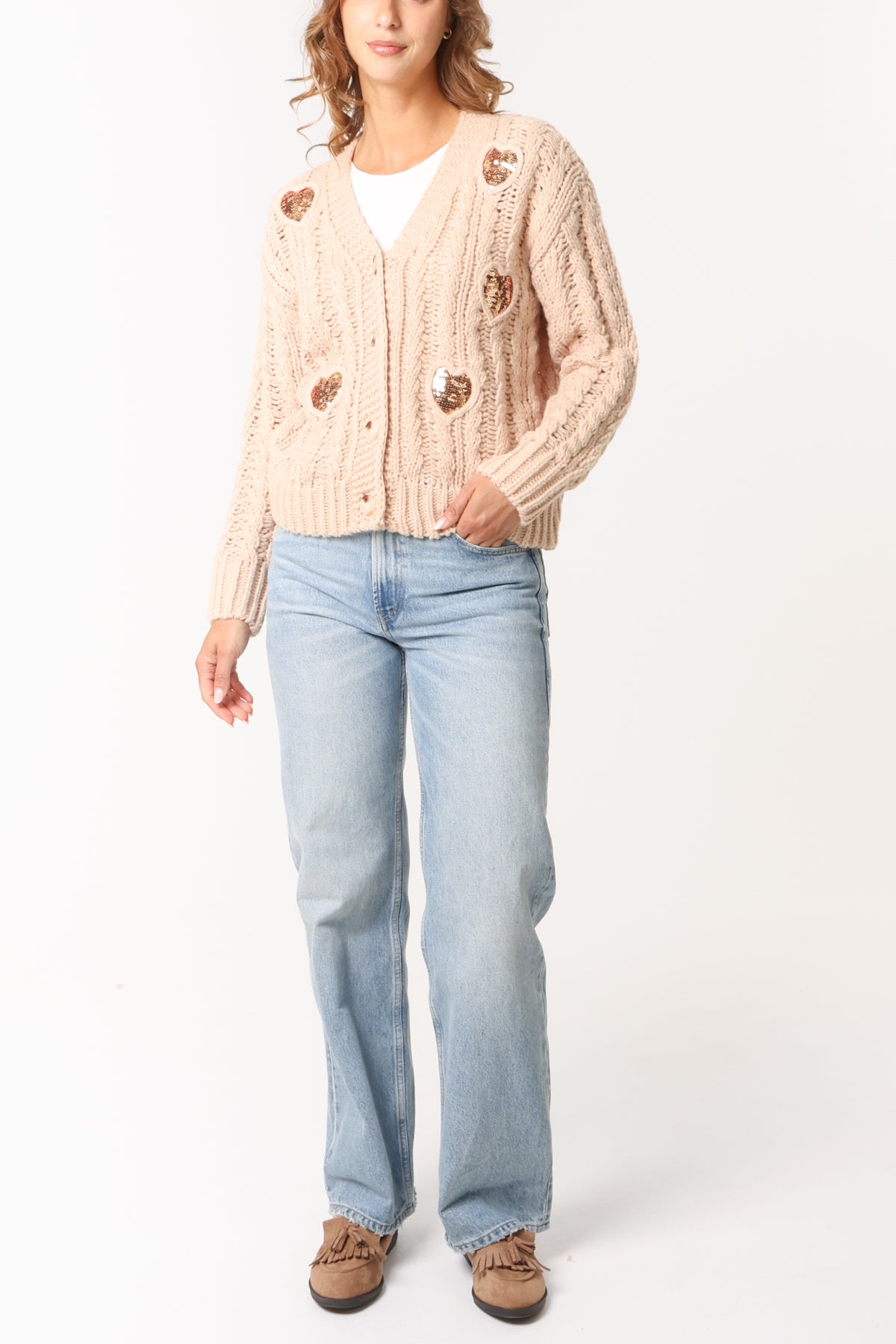 Sequin Heart Cable Knit Cardigan