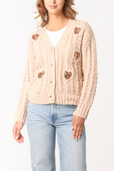 Sequin Heart Cable Knit Cardigan