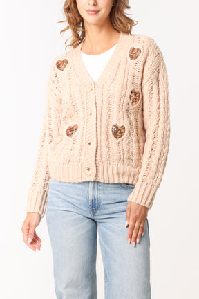 Sequin Heart Cable Knit Cardigan